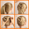 Four steps demonstrating how to style hair using clear hair bands and bobby pins