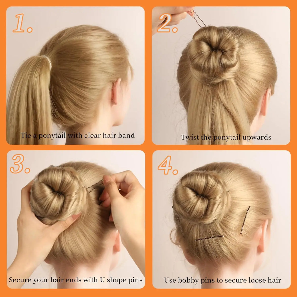 Four steps demonstrating how to style hair using clear hair bands and bobby pins