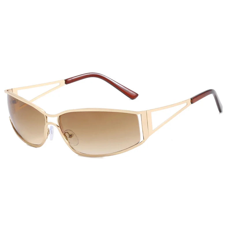 A pair of steampunk gradient mirror sunglasses with a gold frame and brown temple.