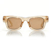 Pair of classic puffer square sunglasses with light amber lenses and clear frames.