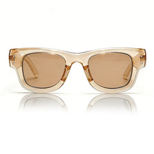 Pair of classic puffer square sunglasses with light amber lenses and clear frames.