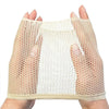 A hand is holding a natural nude black wig cap for long hair, showing the mesh netting and fabric.