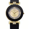 A black and gold women's quartz wristwatch with a glitter dial and gold accents.