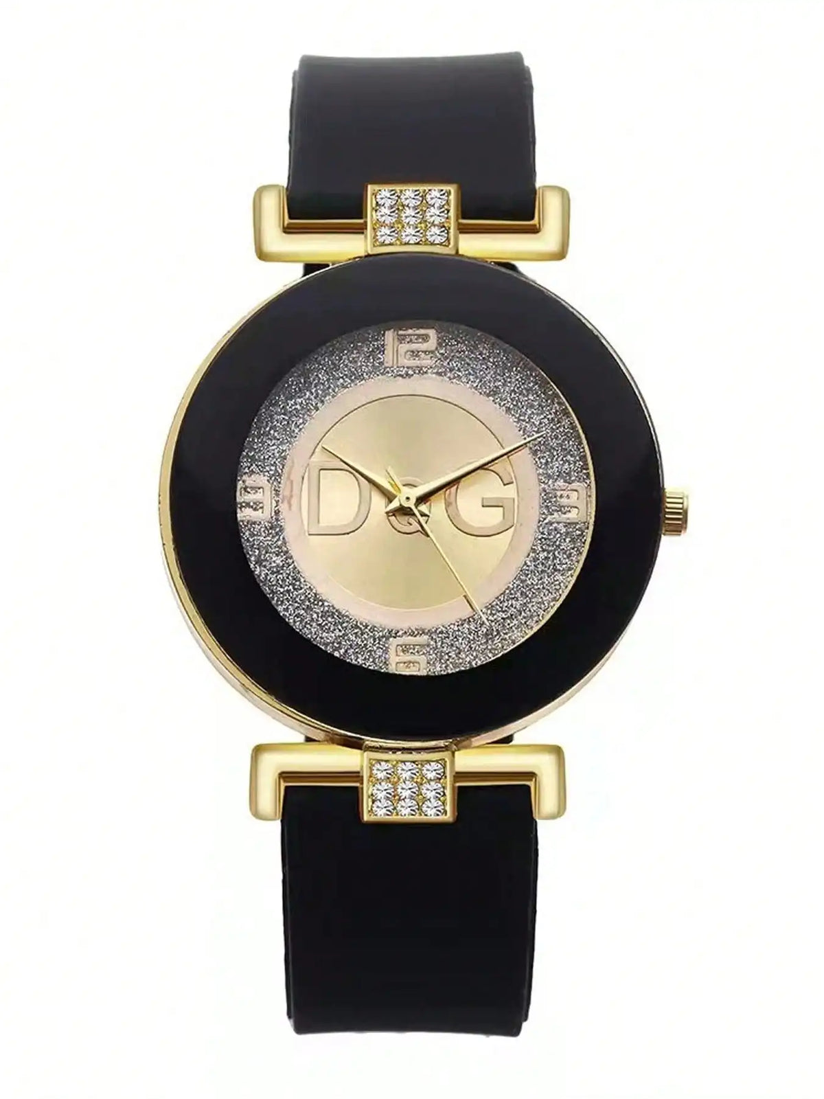 A black and gold women's quartz wristwatch with a glitter dial and gold accents.