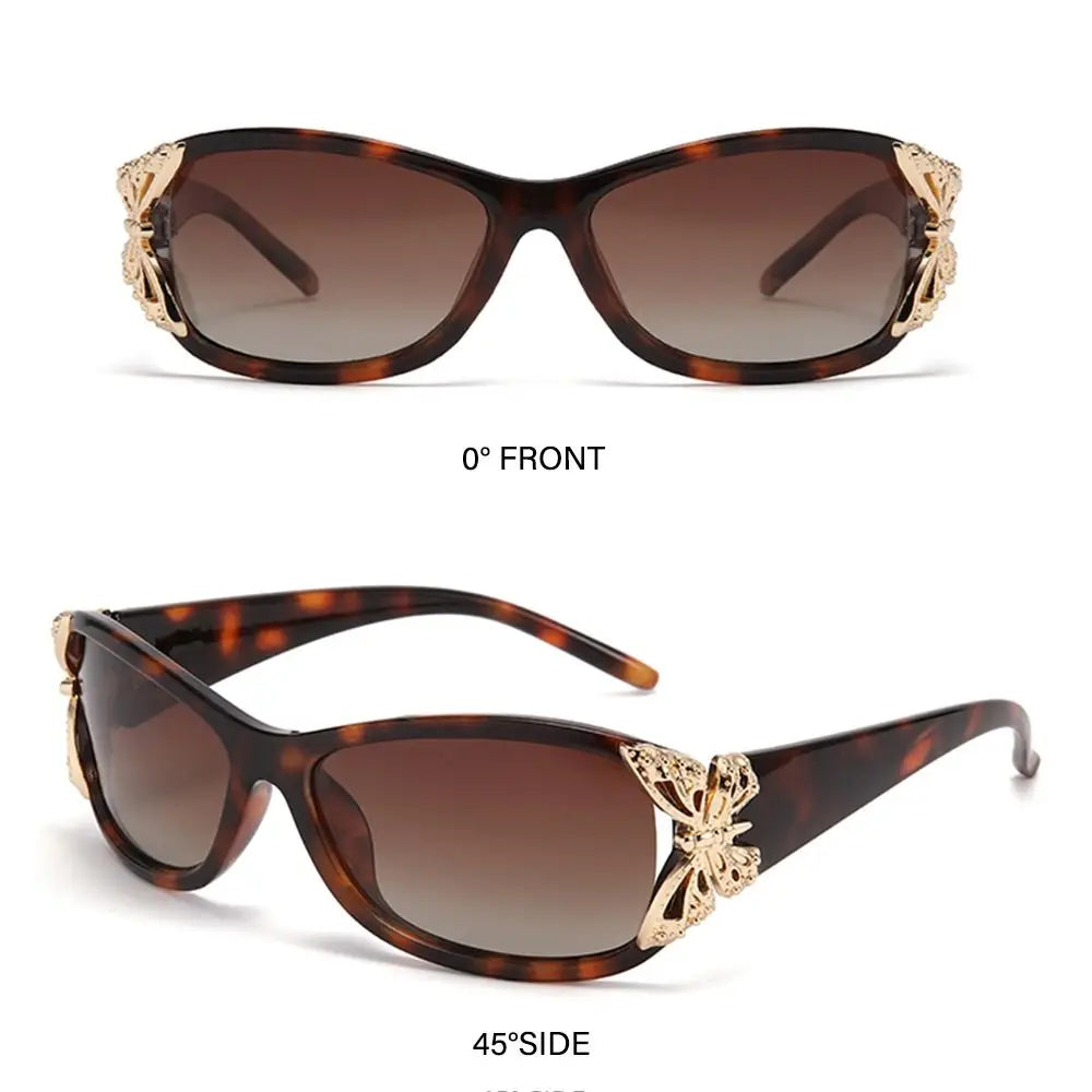 Brown tortoiseshell sunglasses shown in 0 degree front and 45 degree side views with gold accents