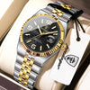 A silver and gold luxury quartz wristwatch with a black dial and luminous features is displayed in a light-colored box.