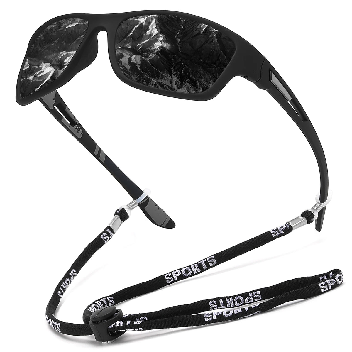 Black polarized outdoor sunglasses with adjustable strap and arm for driving and activity