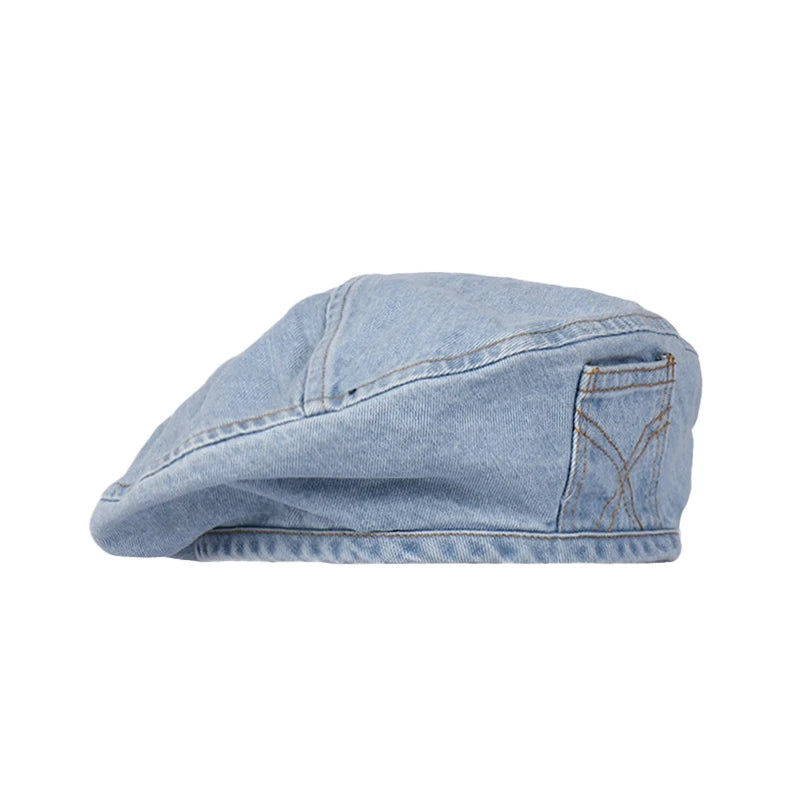 A light blue retro washed cotton denim beret hat with a folded brim.