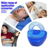 A blue dental appliance used for anti-snoring relief is shown in various application scenarios.