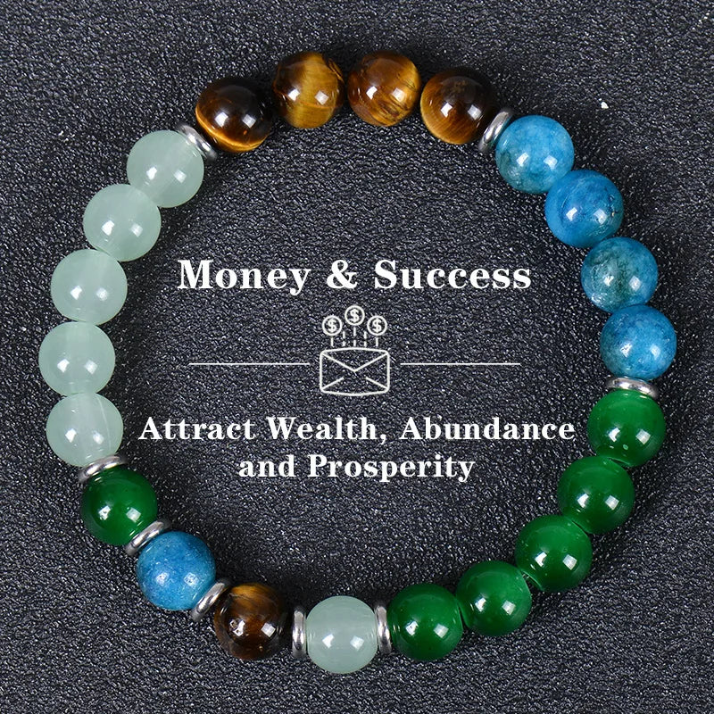 Tiger eye crystal bracelet featuring various colored beads like green blue and amber for money and success