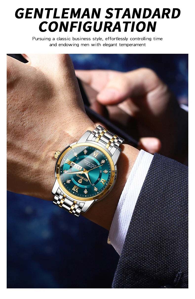 A close-up of a luxury quartz men's watch with a blue dial and gold accents worn on a wrist against a dark background.