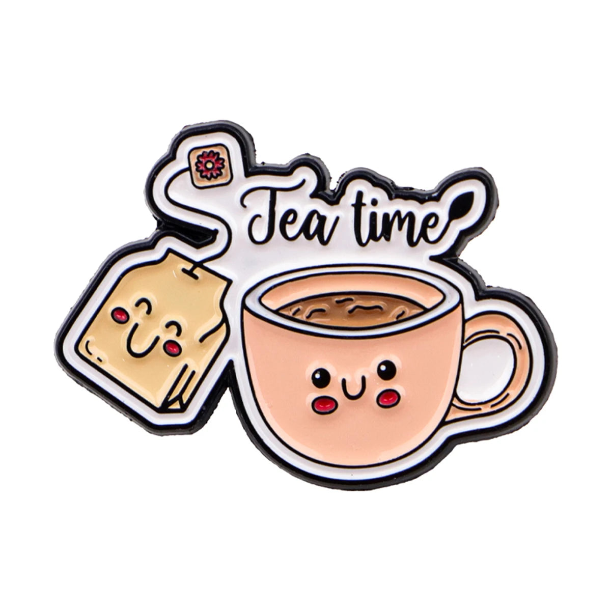 A vintage enamel pin featuring a cute smiling cup of tea and the text "Tea time"