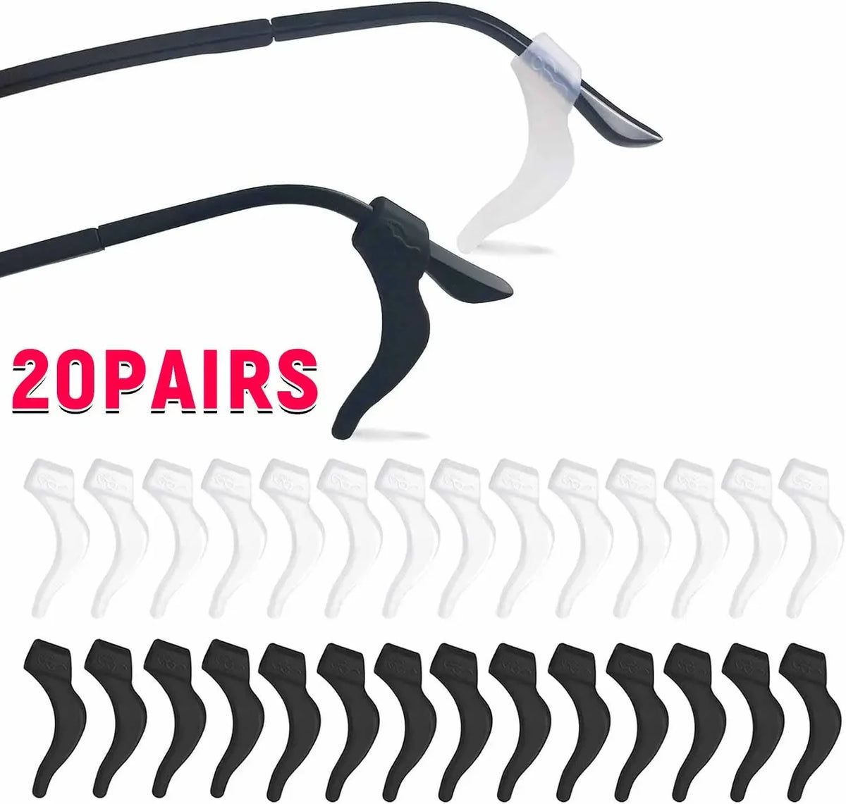 A set of twenty pairs of clear silicone anti-slip ear hooks for eyewear.