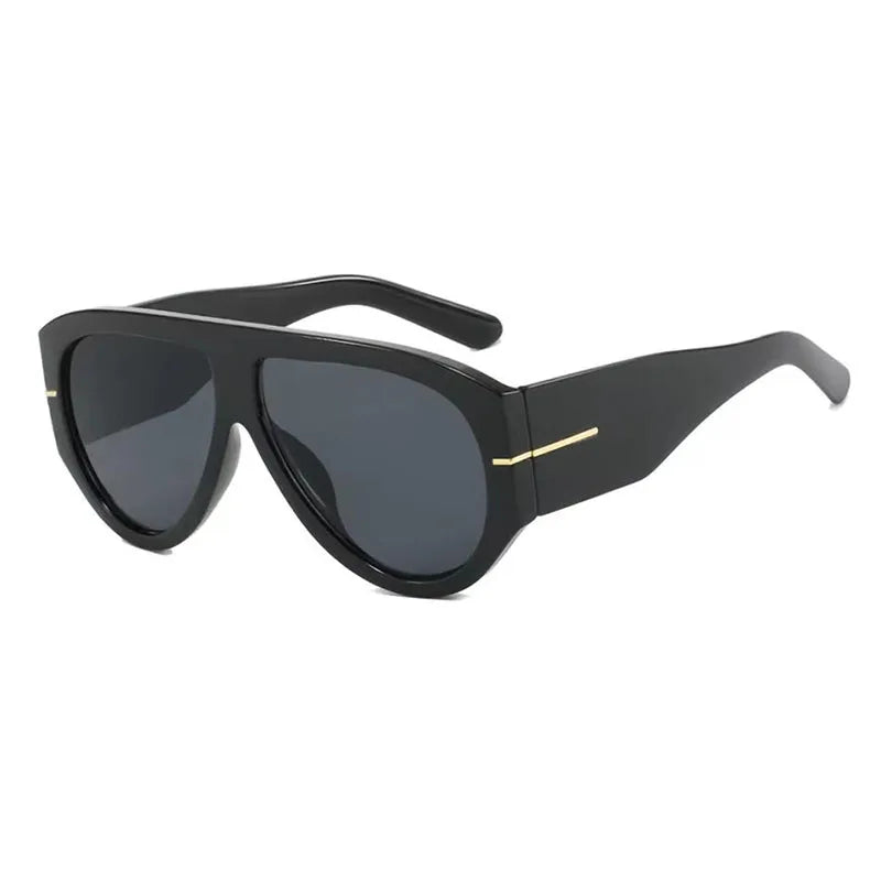 Black retro oval sunglasses with a gold accent detail