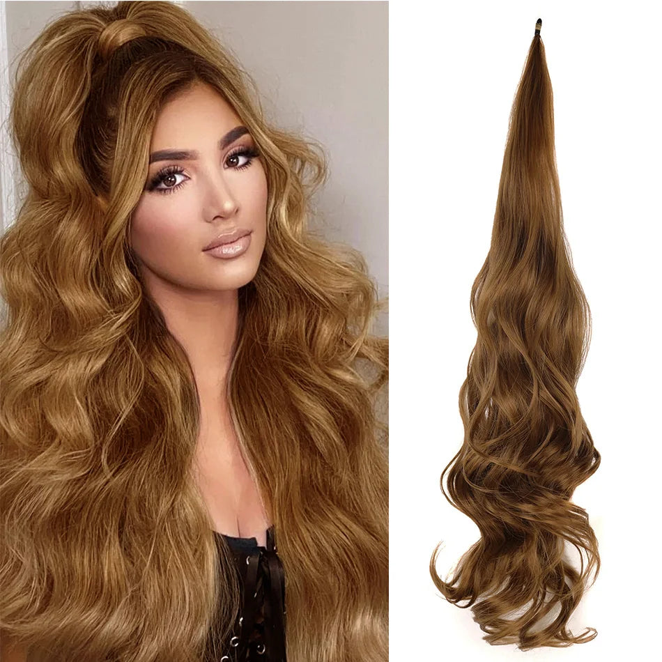 A model showcases long, wavy, golden brown synthetic hair extensions.