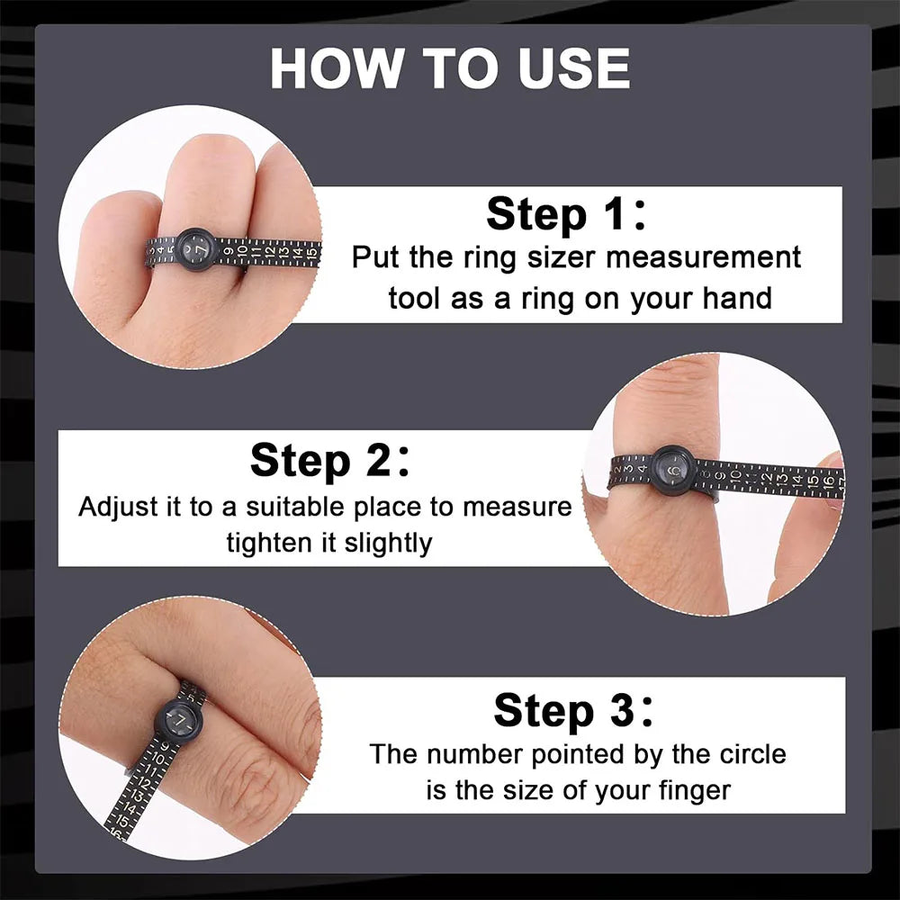 Instructions for using a reusable ring sizing gauge set, showing three steps to measure a finger.