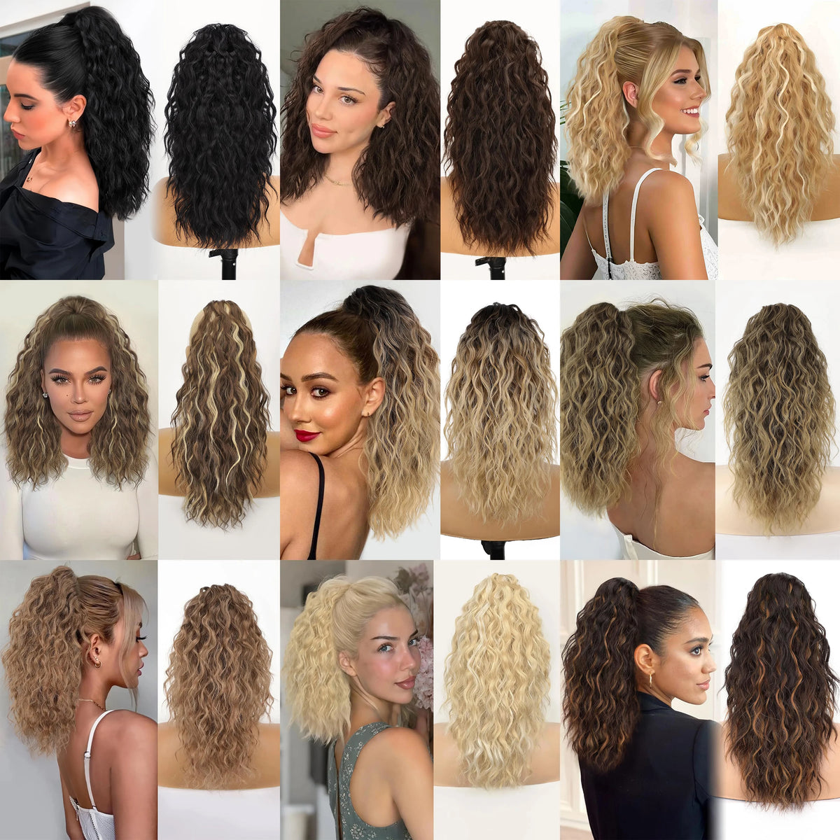 Collection d'extensions de cheveux clip-in, montrant divers styles, longueurs et couleurs de cheveux ondulés et bouclés.