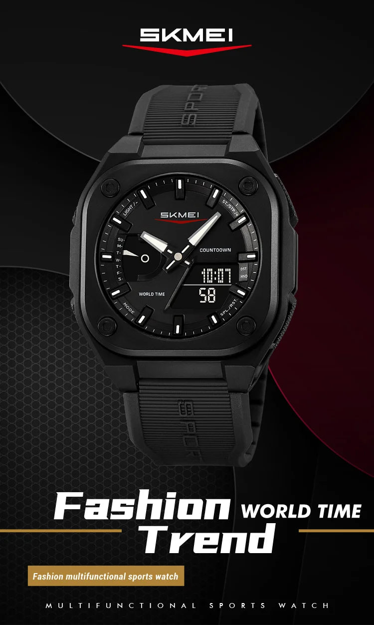 A black Skmei multifunction sports watch with a digital display and stainless steel bracelet.