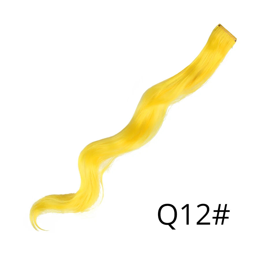 A bright yellow, long, wavy synthetic hair extension is shown against a white background.
