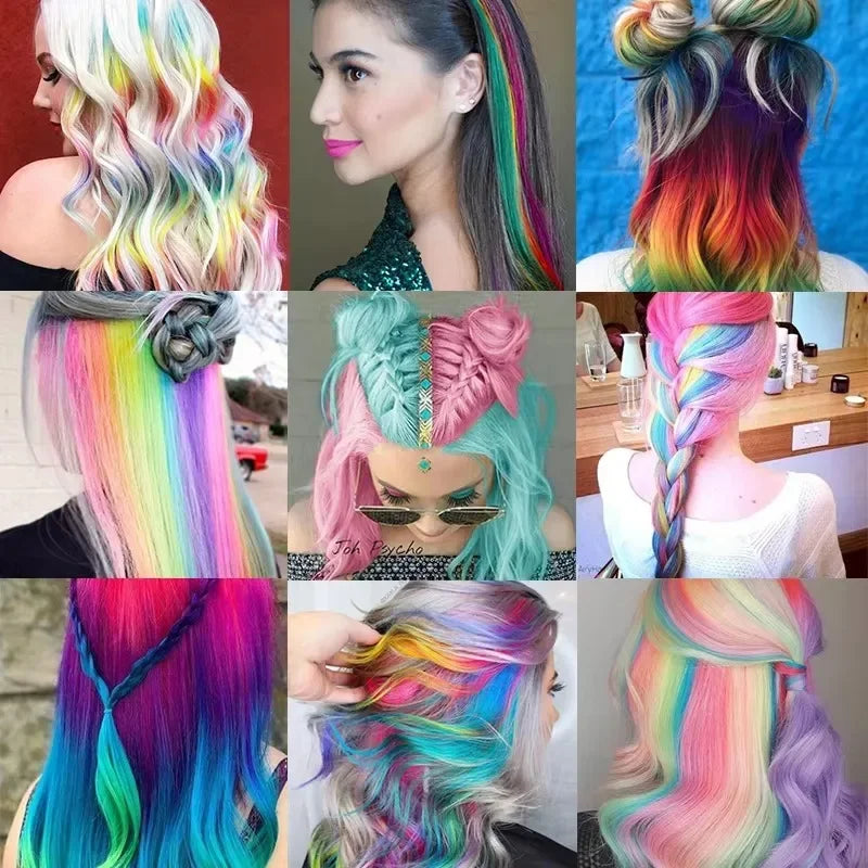 Various styles of rainbow colored straight hair extensions shown in various shades and lengths