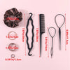 Un set d'accessoires pour cheveux élastiques noirs comprenant un élastique velours, des peignes et des pinces à cheveux.