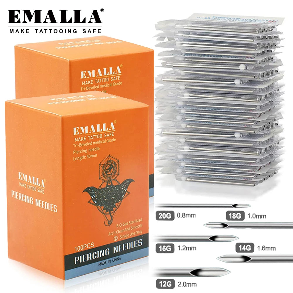 Boxed set of disposable sterile piercing needles in various gauges and lengths for tattooing