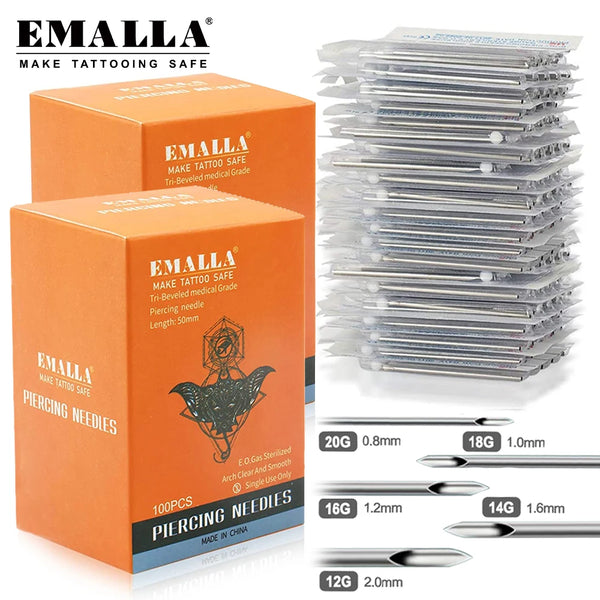Boxed set of disposable sterile piercing needles in various gauges and lengths for tattooing