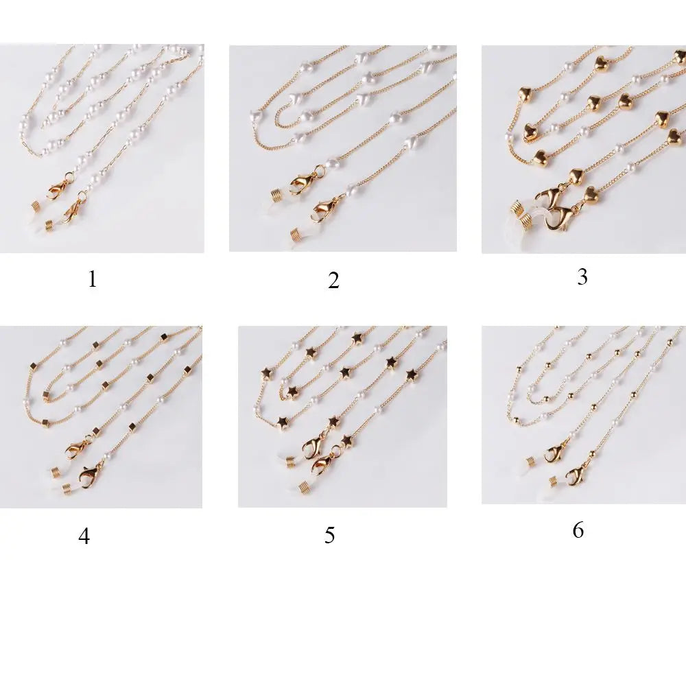 Six images showing various styles of pearl and gold chain necklaces and lanyards.