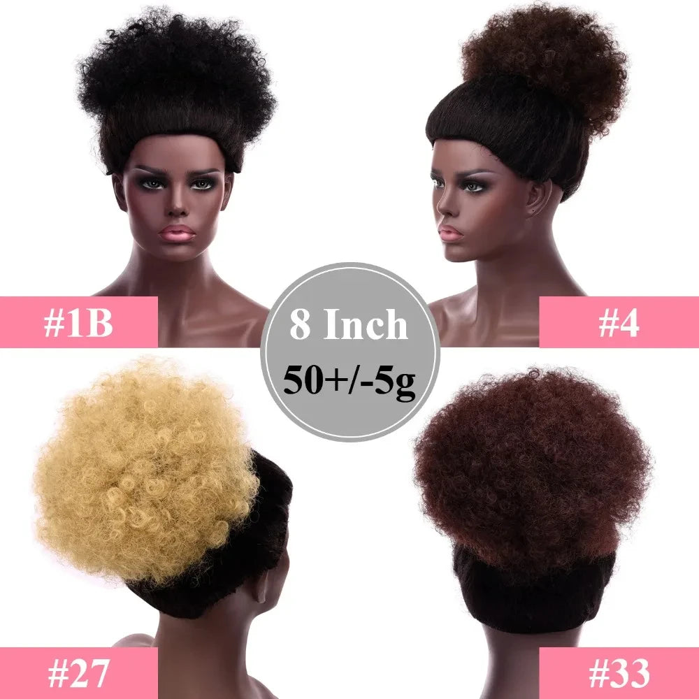 A collection of afro puff drawstring ponytail hair in various shades and lengths, including #1B, #4, #27, and #33.