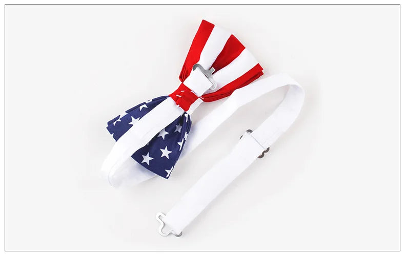 A red, white, and blue striped silk necktie featuring an American flag pattern.