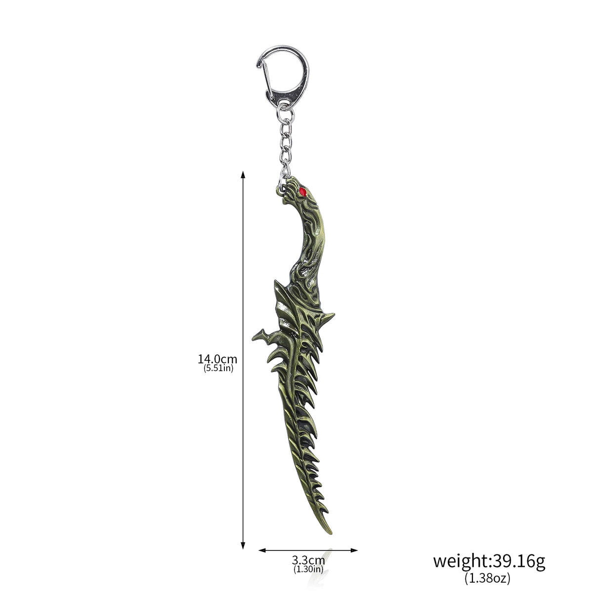 A dark green, elongated fish-shaped key ring pendant with a silver chain and a small red bead.