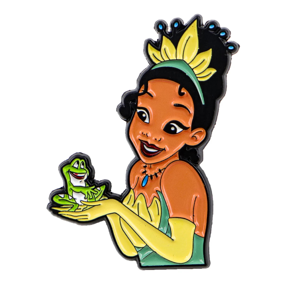 An enamel pin featuring a cartoon depiction of a woman with black hair and a yellow crown, holding a green frog.