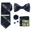 A navy blue striped necktie, a bow tie, and a folded pocket square in a matching set.