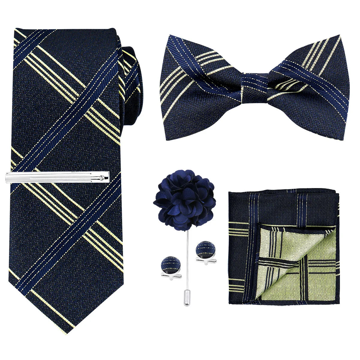 A navy blue striped necktie, a bow tie, and a folded pocket square in a matching set.