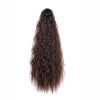 A long, dark brown synthetic kinky curly ponytail hair extension with a clip-in.