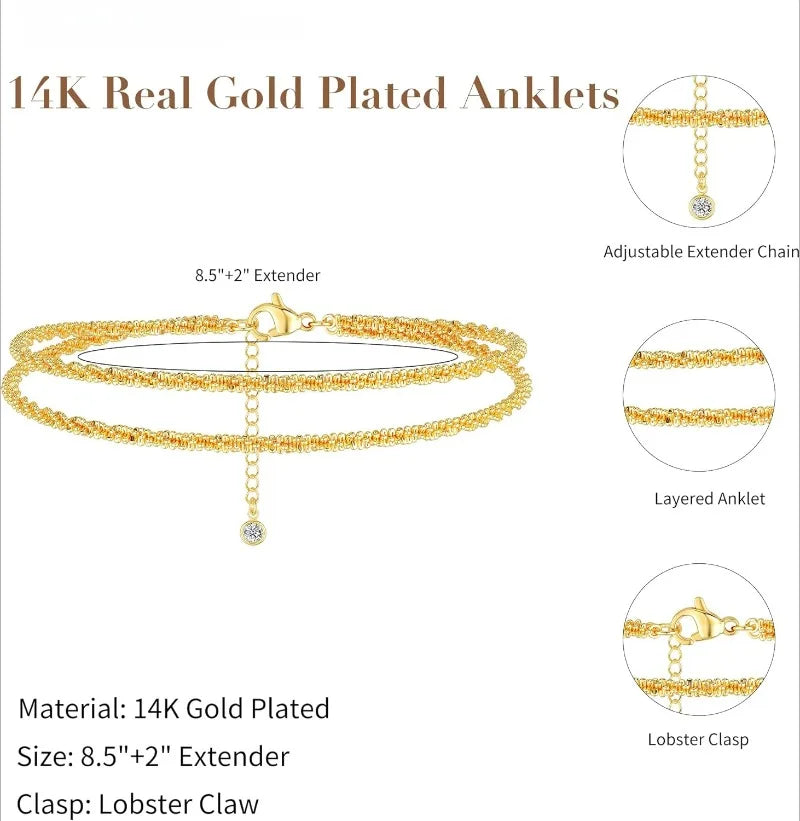 14K gold plated layered anklets featuring a lobster clasp and extender chain.