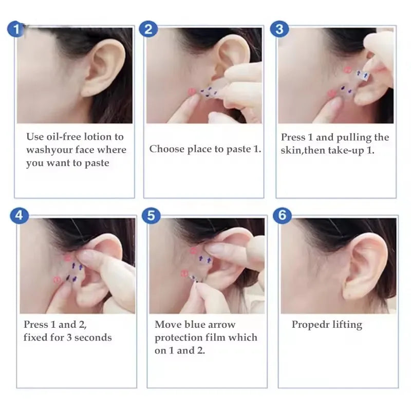 Instructions for using invisible V-shape face lifting adhesive patches on the face and ear area.