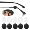 A set of black anti-slip silicone ear hooks for eyeglasses, including a hook and multiple round silicone tips.