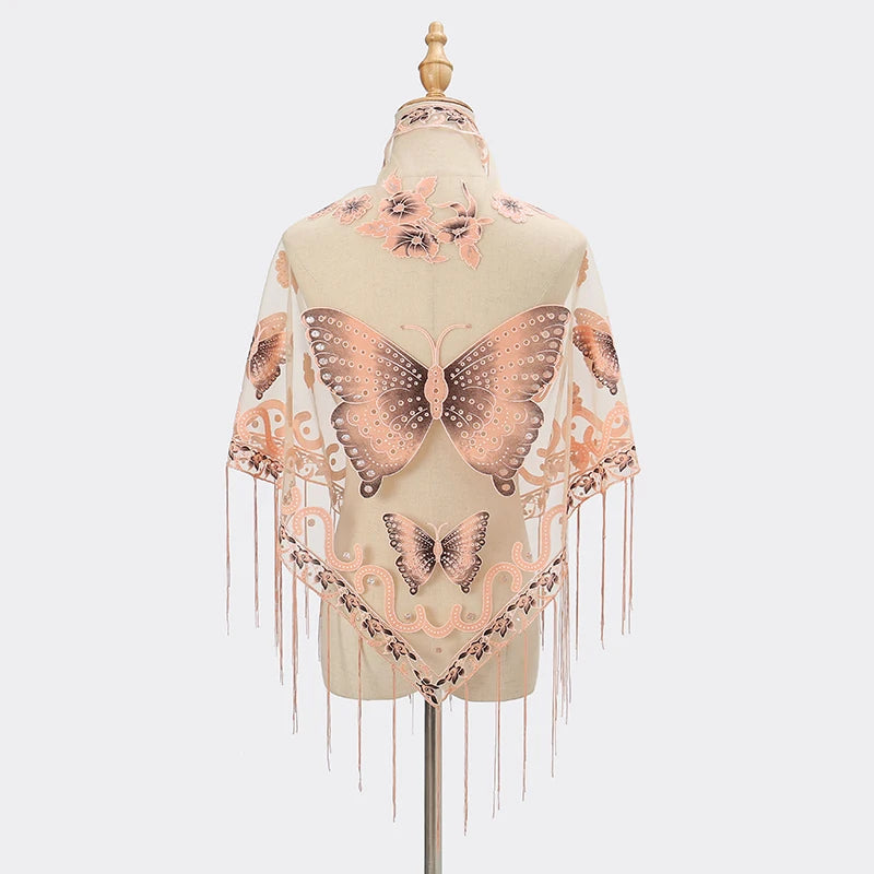 Elegant printed butterfly lace scarf shawl in beige with pink floral embroidery and fringe details