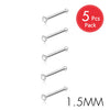 Five pieces of stainless steel nostril studs with a crystal and gold finish, 1.5mm long.