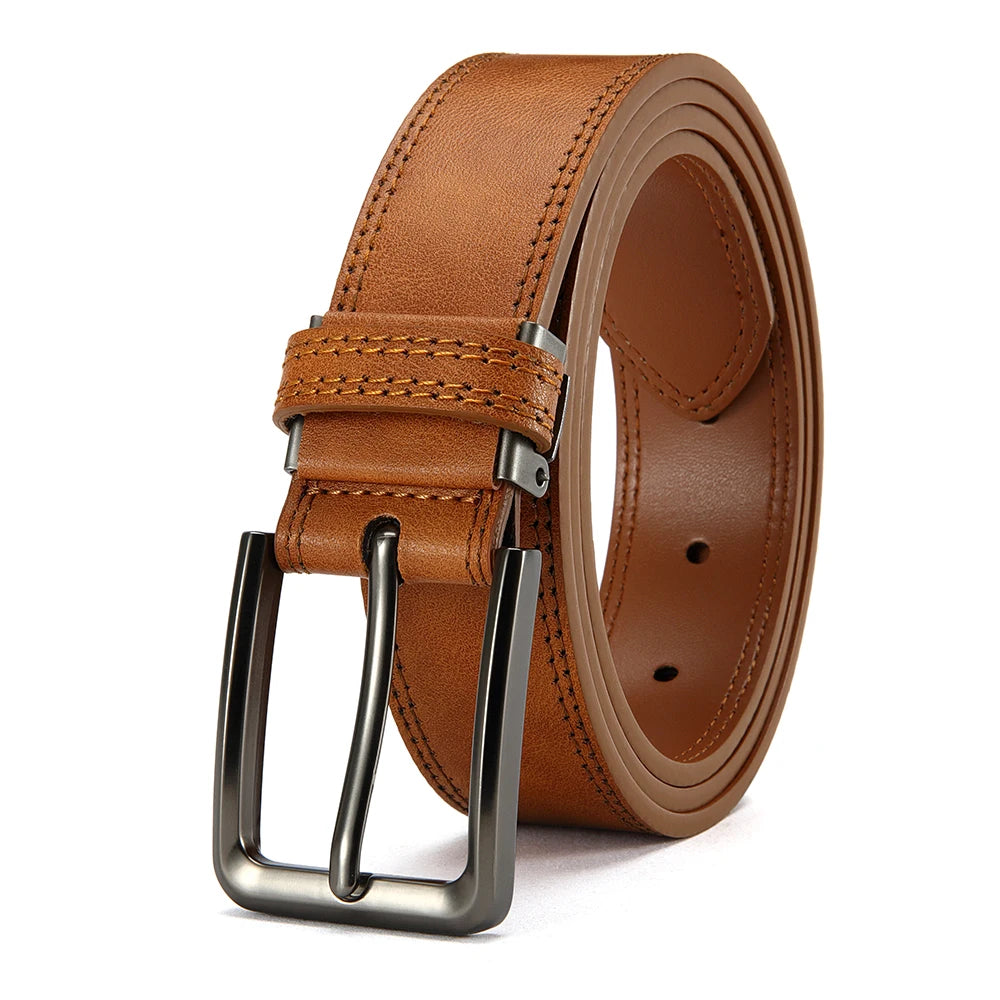 A brown leather belt with a silver automatic buckle shown from the side.