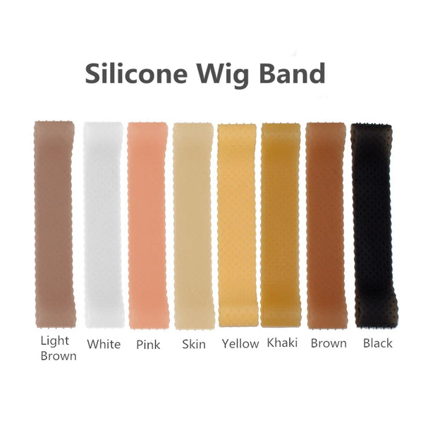 A row of silicone wig bands in various skin tones including light brown, white, pink, skin, yellow, khaki, brown, and black.