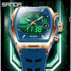 Blau-rosa Gold-Herren-Chronographen-Armband mit digitaler Timer-Ansicht auf dunklem Hintergrund