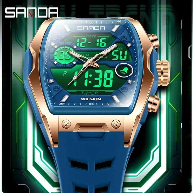 Blau-rosa Gold-Herren-Chronographen-Armband mit digitaler Timer-Ansicht auf dunklem Hintergrund
