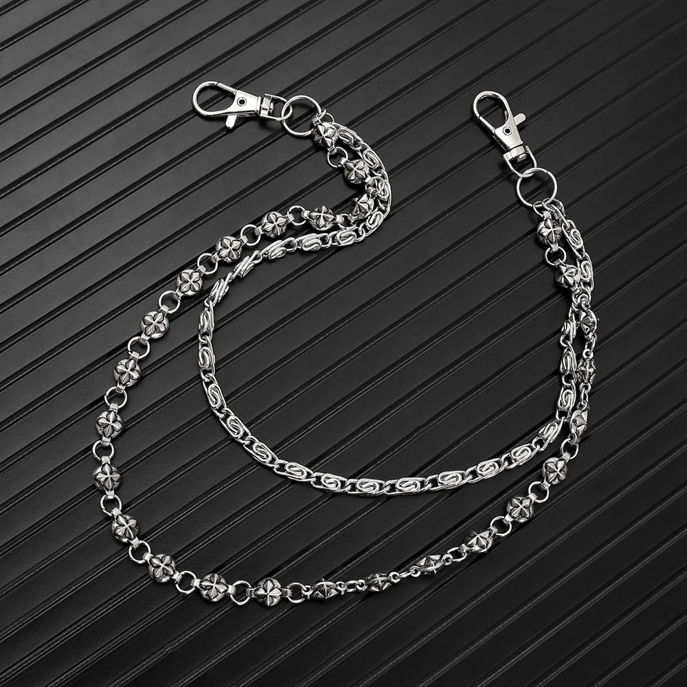Silver double-layer waist chain accessory with a clasp, displayed against a dark background.