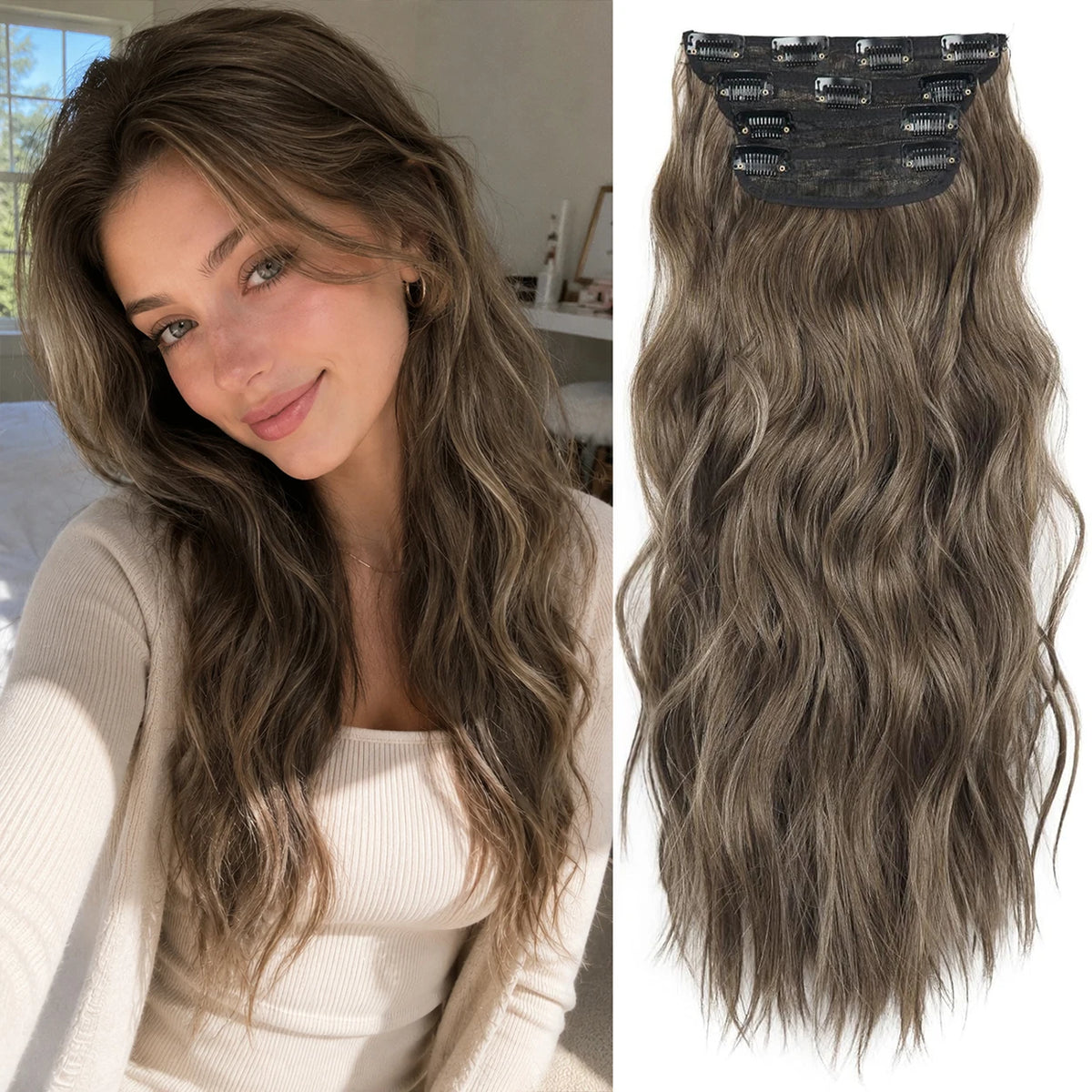 Long, wavy, gray ombre hair displayed in a clip for styling
