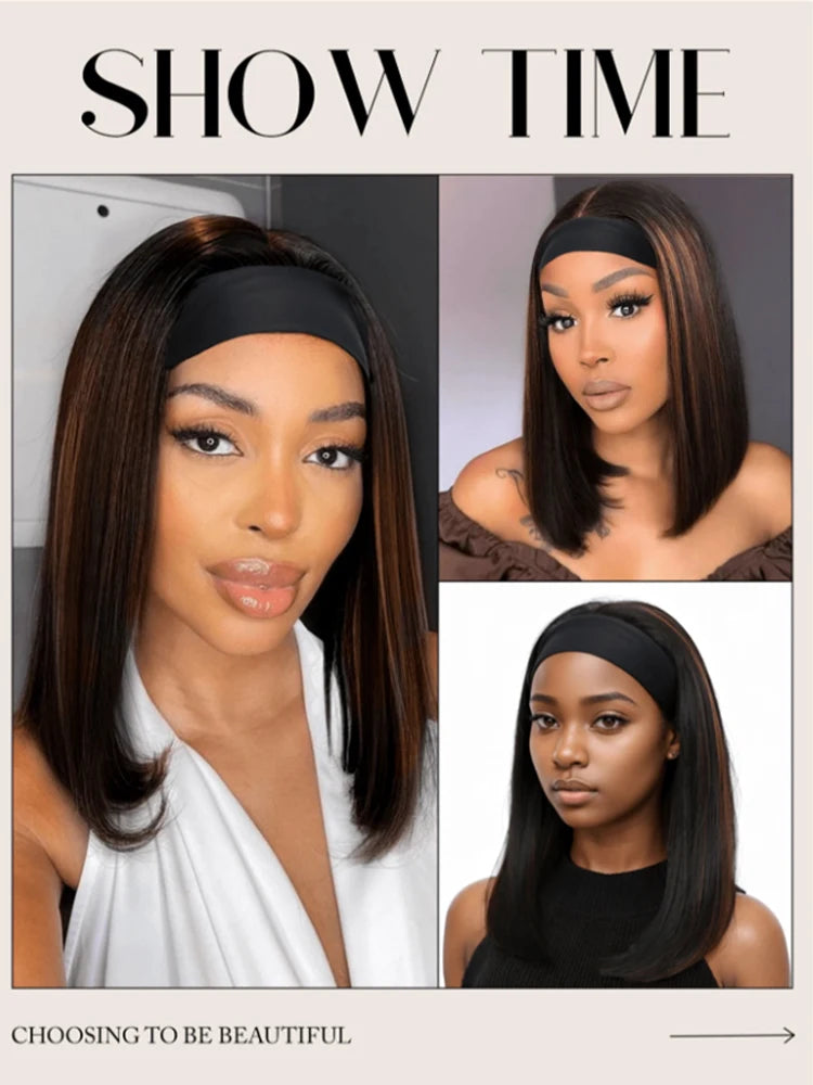 A woman models a black headband wig with brown ombre hair in a straight bob style.
