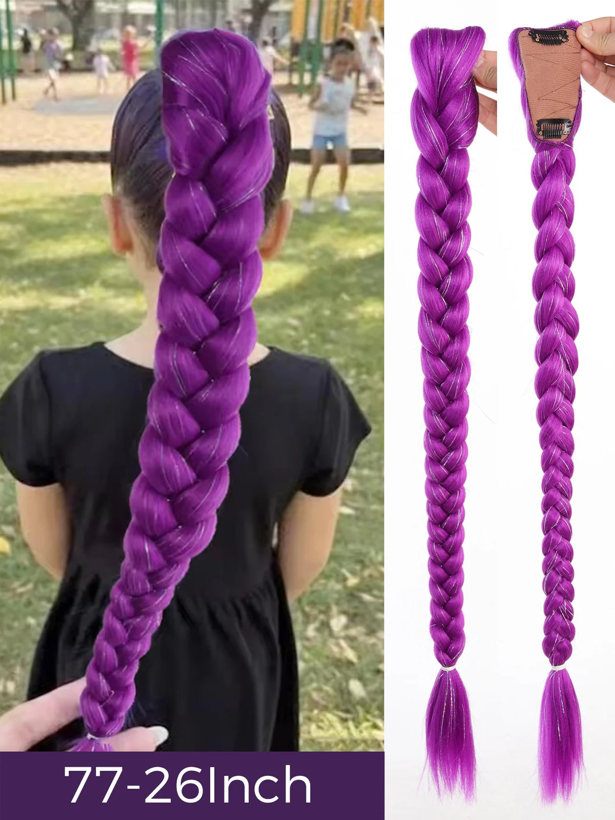 Purple long synthetic braided ponytail for kids girls shown in a vertical display.