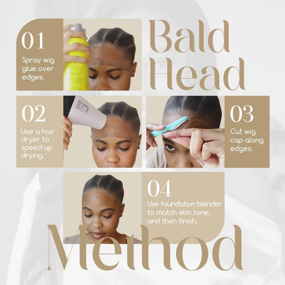 Guide en quatre étapes pour styliser une perruque chauve avec de la colle, un sèche-cheveux et un blender de fondation.