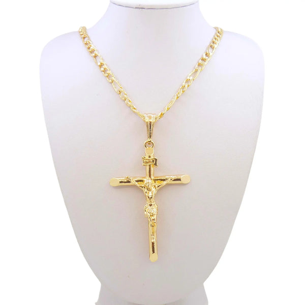 Goldvergoldetes Jesuskreuz-Anhänger-Kette auf weißem Display-Büste.
